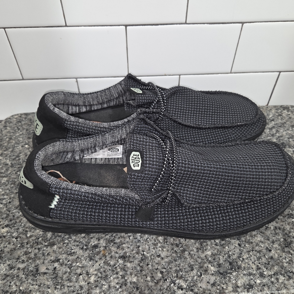Hey Dude Black Knit Slip-On Loafers with Subtle Mint Accent